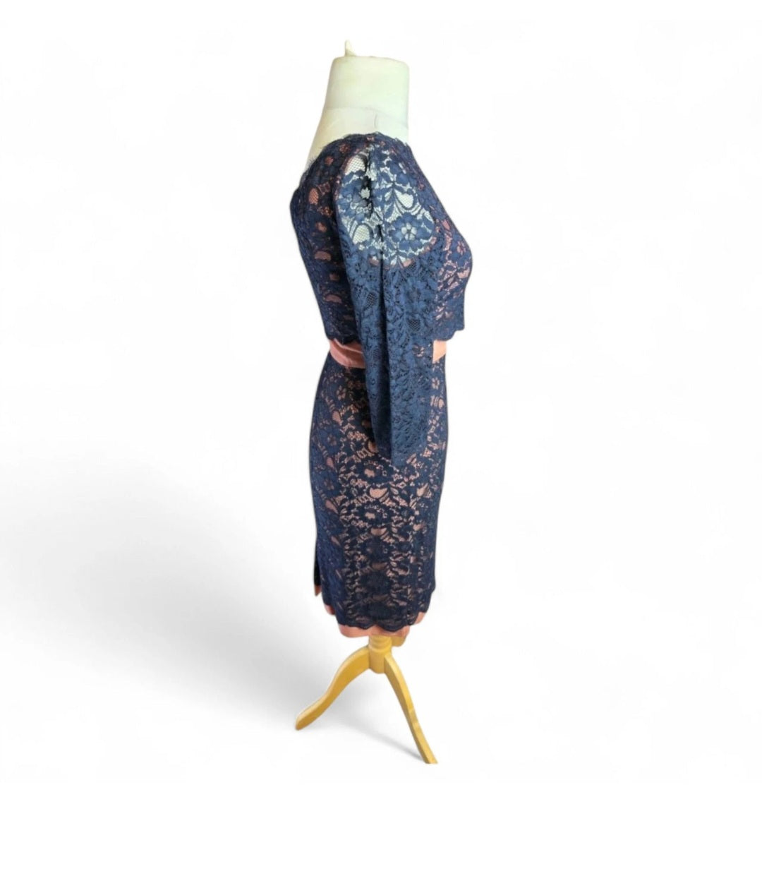Boden Navy & Beige Lace Dress – Size 10, A-Line, 3/4 Sleeves, Knee-Length, Elegant Party Style