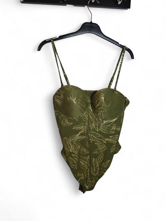 Primark Khaki & Gold Leaf Print Swimsuit | Padded Chest | Adjustable & Removable Straps | Size 18/20 | BNWT