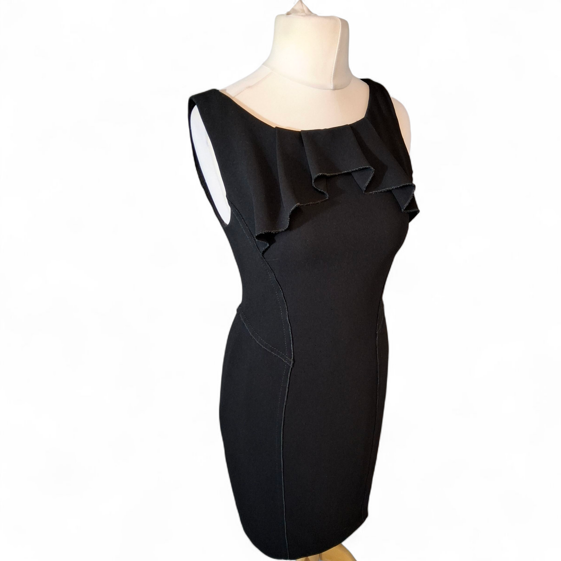 Karen Millen Black Sleeveless A-Line Dress – UK 12 – Frill Detail, Lined