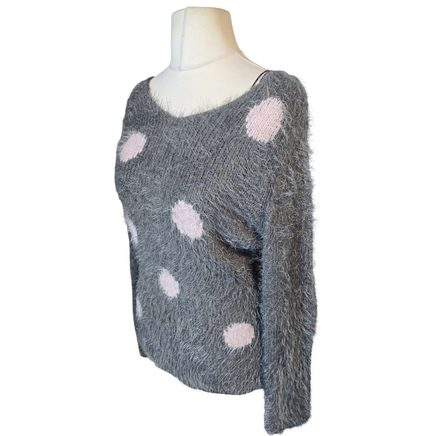 Marble Grey & Pink Polka Dot Fluffy Jumper – Size S (size 8/10 Oversized Fit)