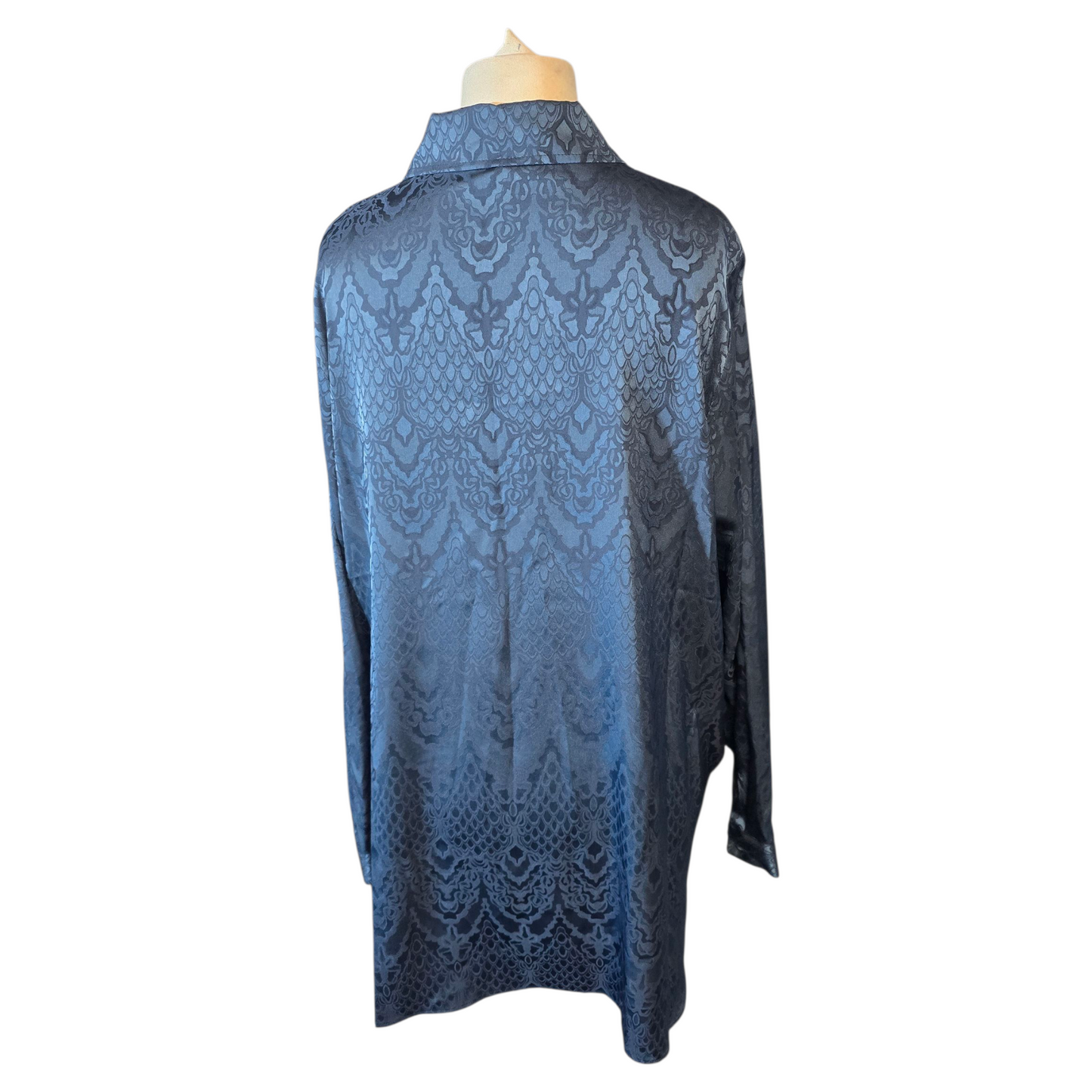 Next Navy Patterned Silky Blouse – Longer Length, Size 16