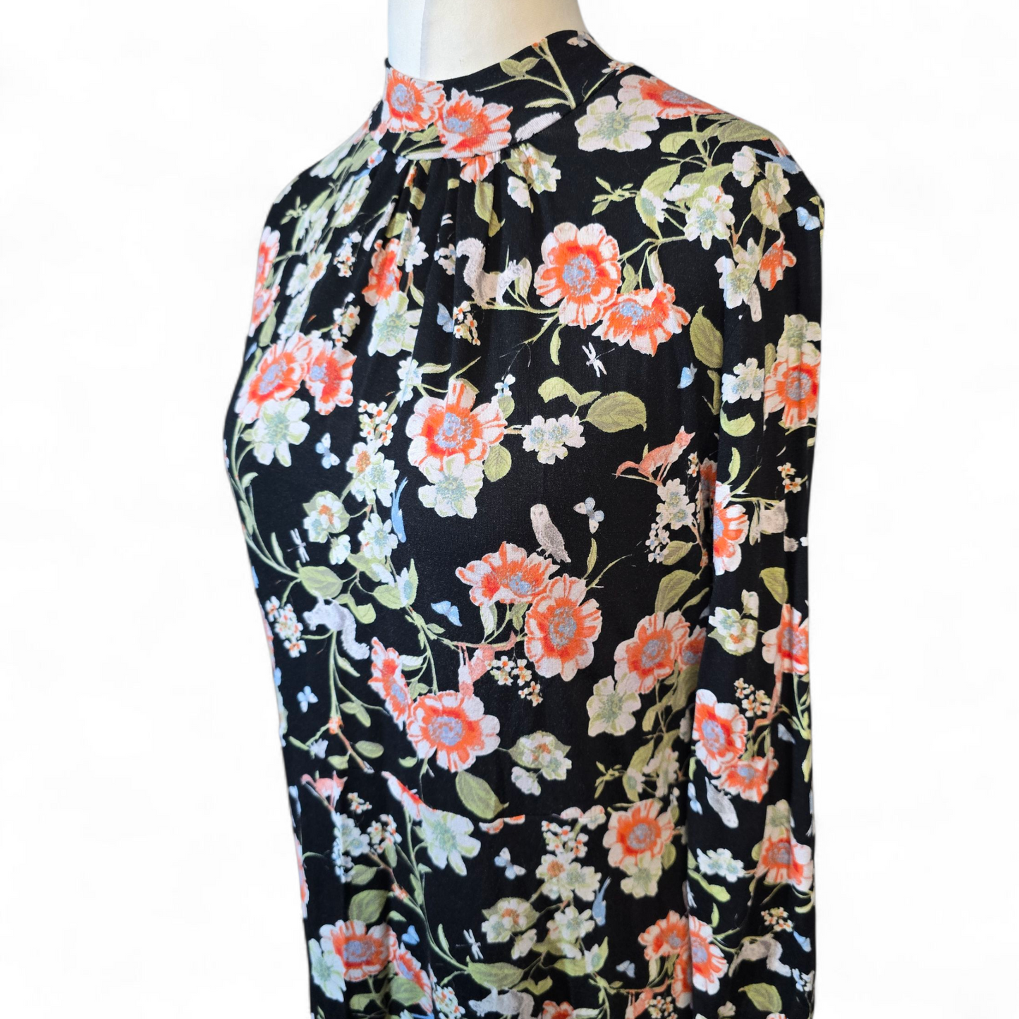 Tu Black Floral Stretch Dress – High Neck, Knee to Midi Length – Size 16