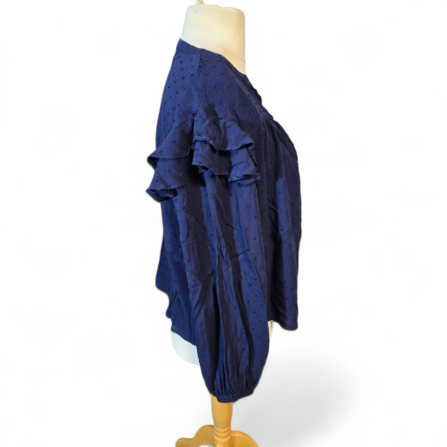 F&F Navy Frilly Embossed Blouse – V-Neck, Size 12