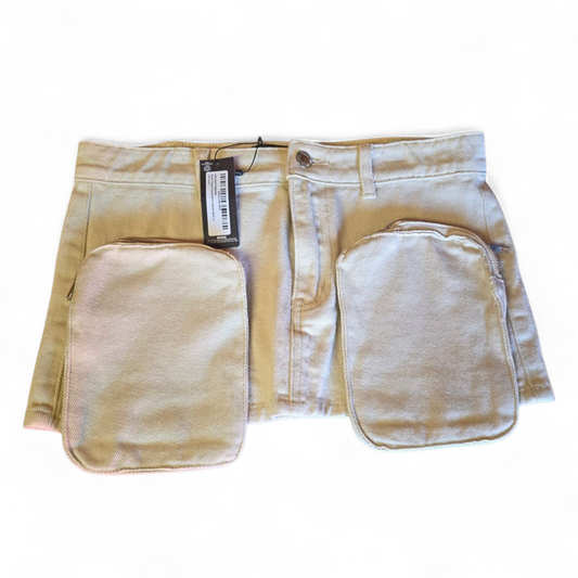 PrettyLittleThing Beige Denim Miniskirt | Size 8 UK | New With Tags | Zipped Pockets | 27" Length