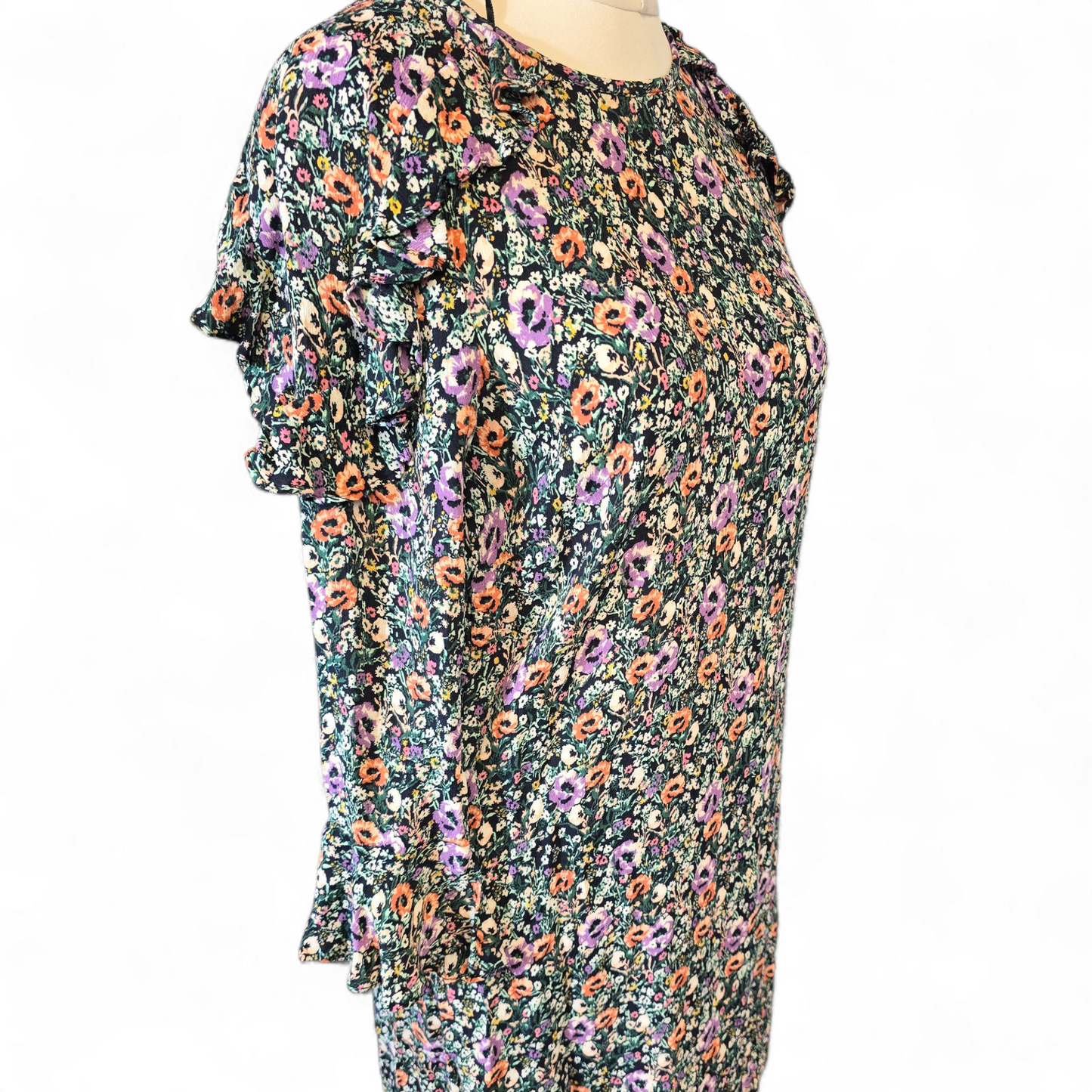 Monsoon Multicoloured Floral Knee-Length Dress – Size 12 – Frill Detail & ¾ Sleeves