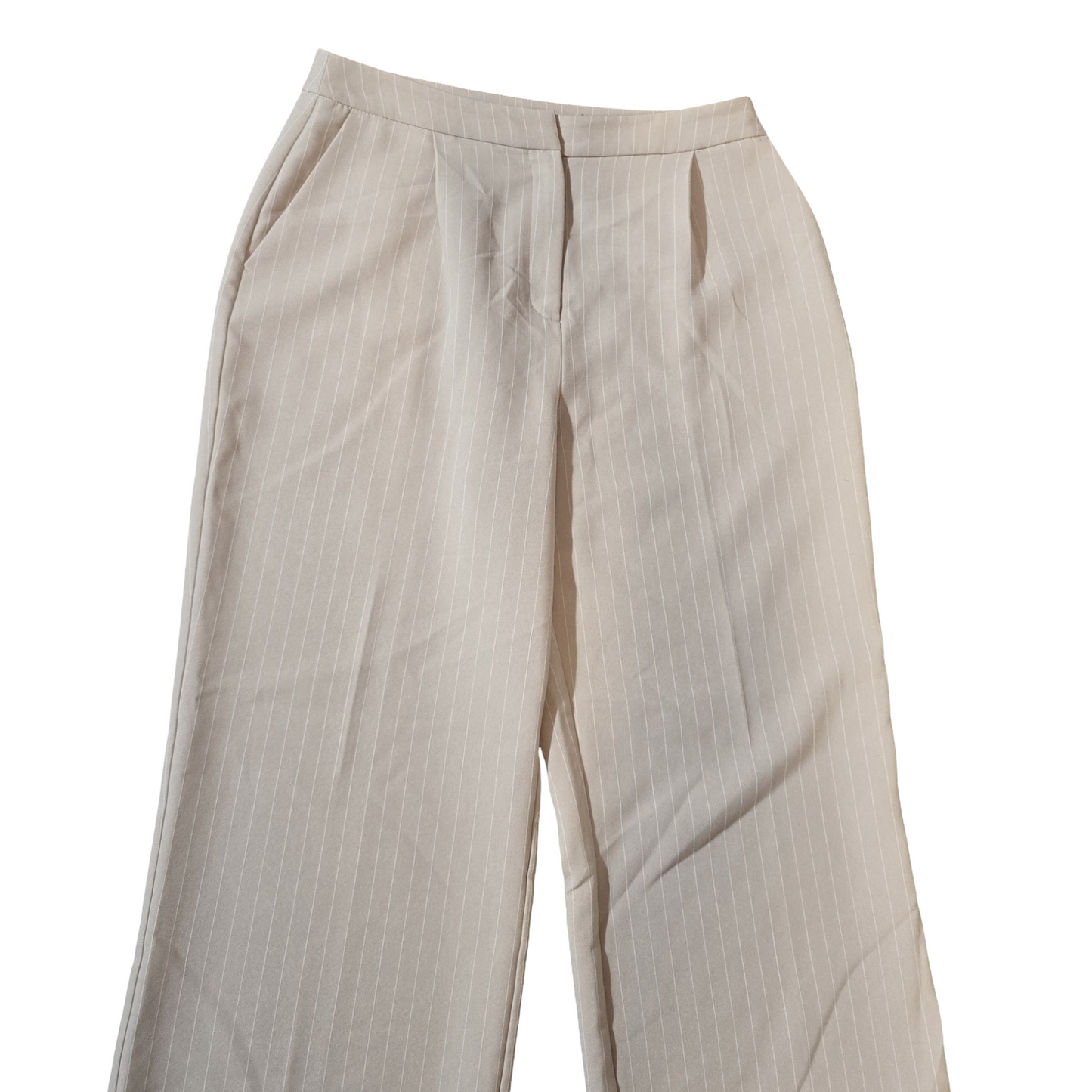 Tu Beige Pinstripe Flared Work Trousers – Size 14 Reg – High Waist & Pockets