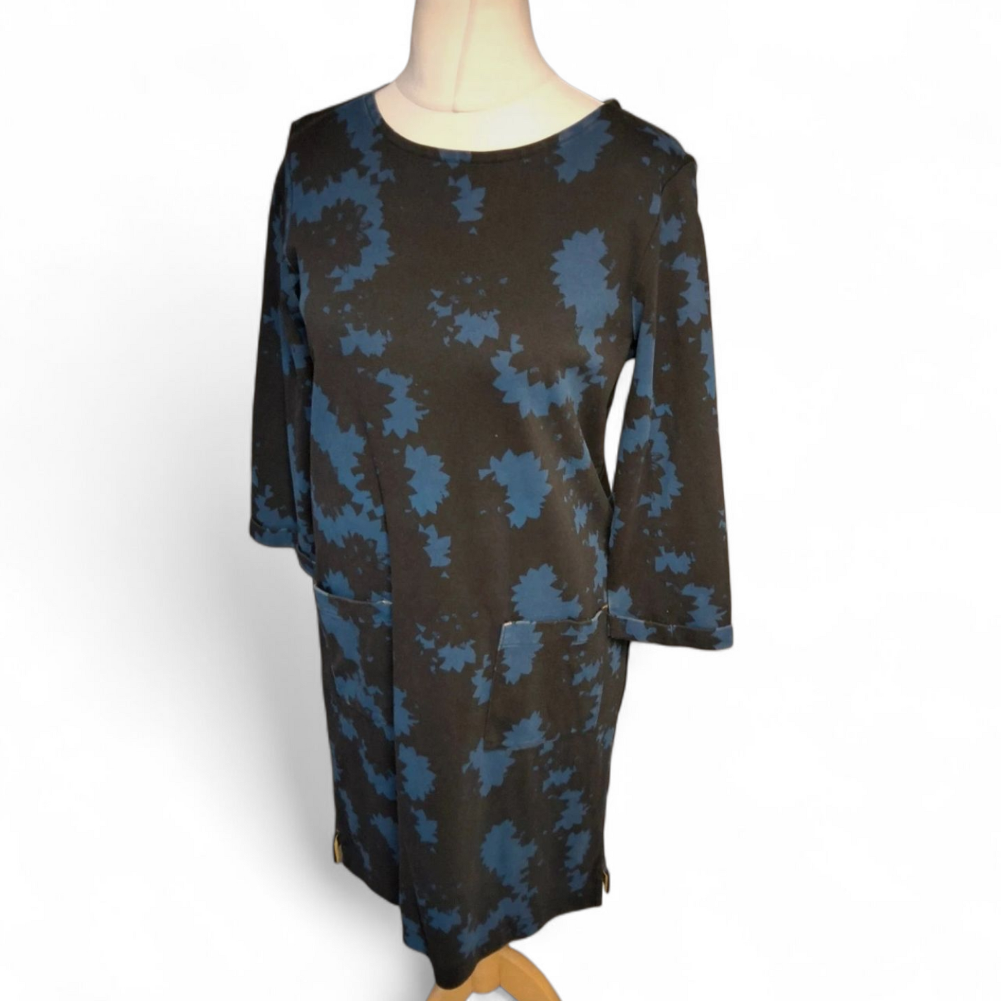 White Stuff Navy Blue Floral Cotton Midi Dress UK 12 | Pockets | 3/4 Sleeve | Everyday Casual Style