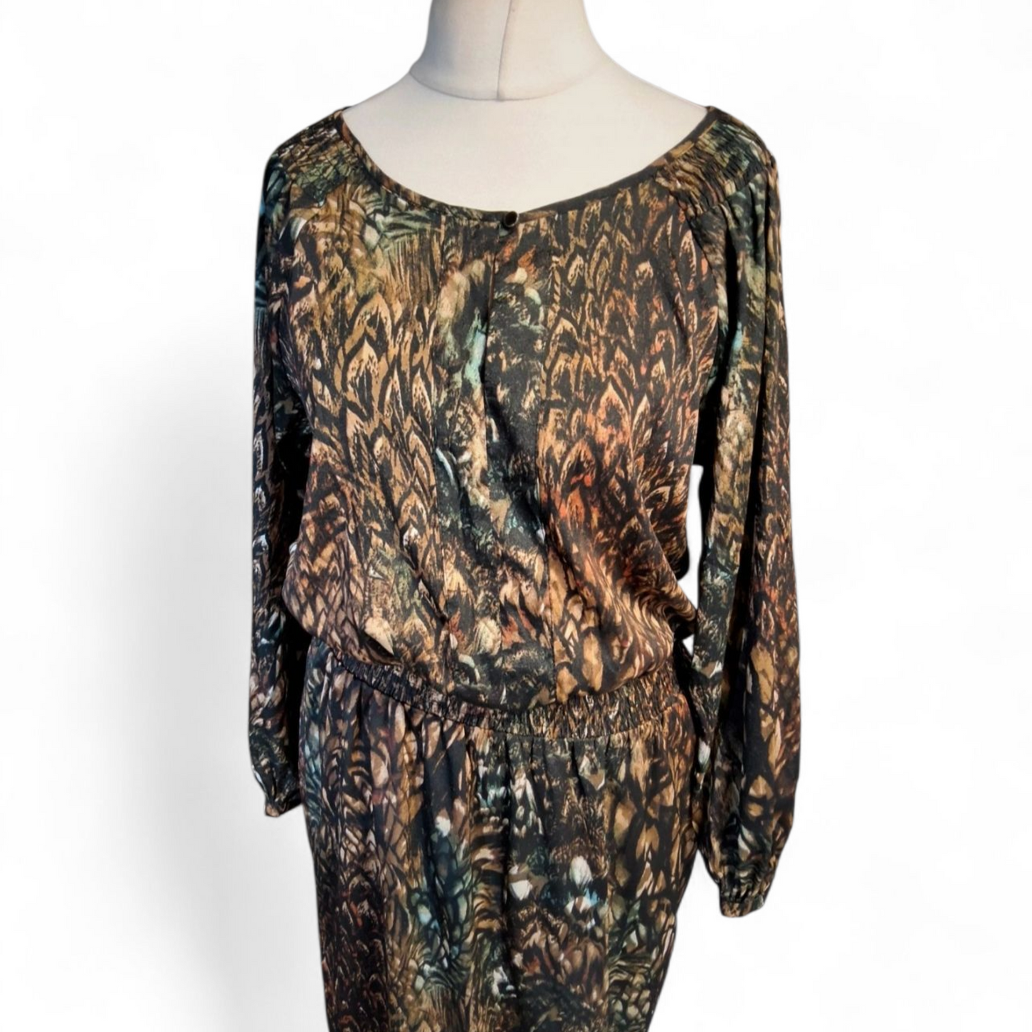 Laura Ashley Black Brown & Blue Patterned Long Sleeve Dress – Size 14