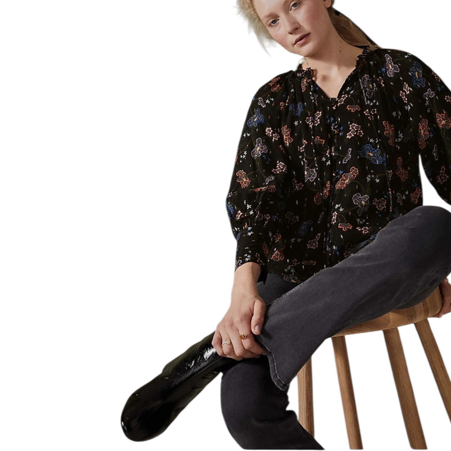 Per Una Black Floral Blouse – Size 14 – Autumn Colours, Glitter & Frill Collar