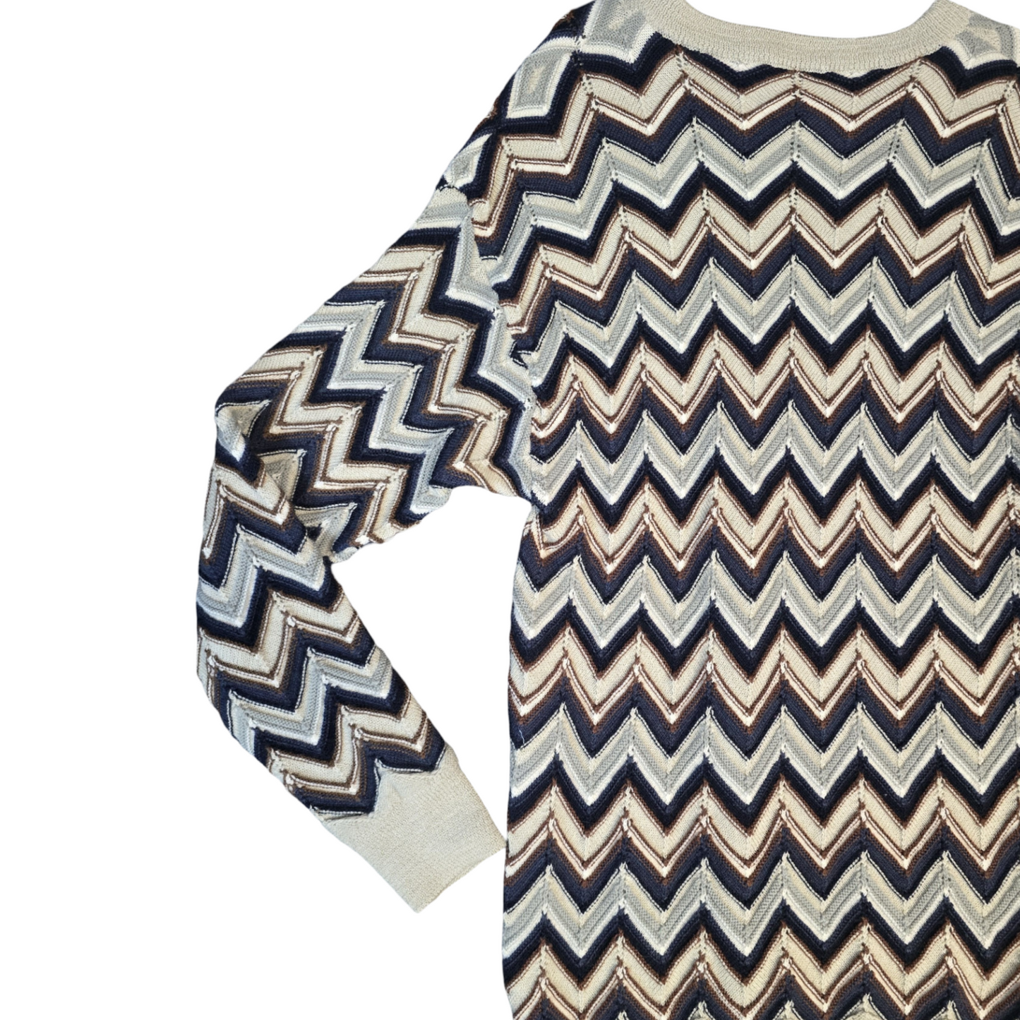 Robert Banks Jumper Beige,Brown & Navy Long Length Chevron Vintage 80s 90s