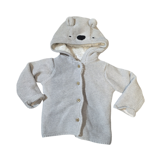 F&F Grey Knit Hooded Cardigan – Unisex 6–9 Months – 100% Cotton with Fleece Lining Girls Boys