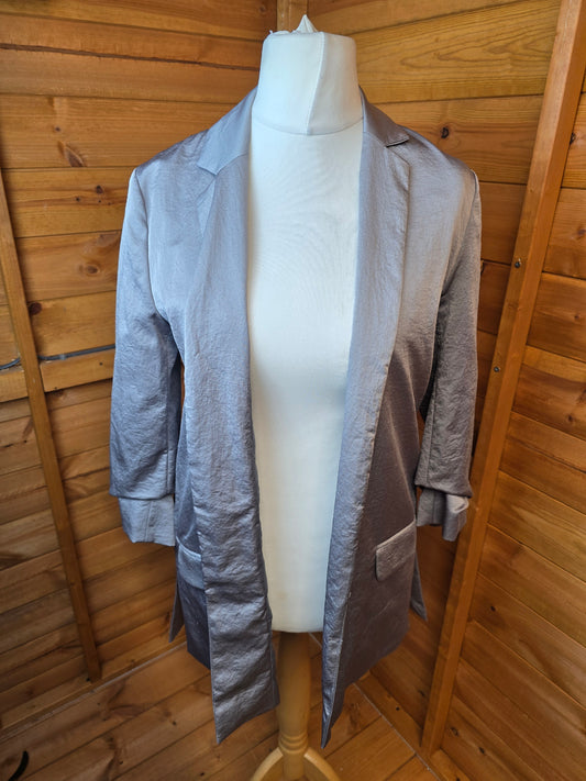 Next Tailoring Grey Metallic Open Blazer – Size 8, 3/4 Sleeves, Ruching, Lined with Pockets