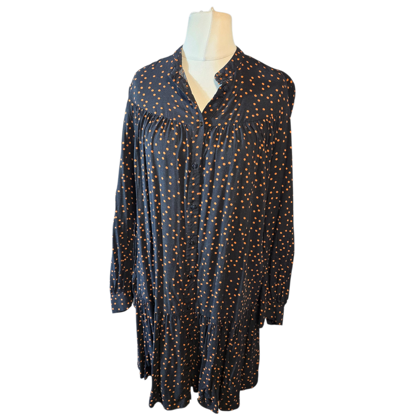 Primark Black & Orange Polka Dot Dress – Long Sleeve – Size 14 – 100% Viscose