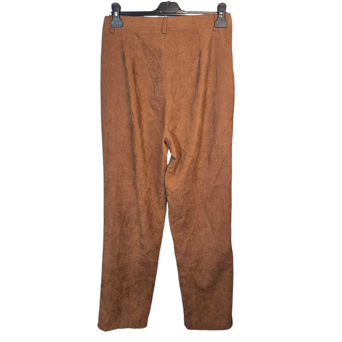 Romwe Brown Cord High-Waisted Straight Leg Trousers – Floral Embroidery – Size M (UK size 10)