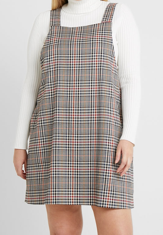 New Look Beige & Brown Checked Pinafore Dress – Size 26 – NWT