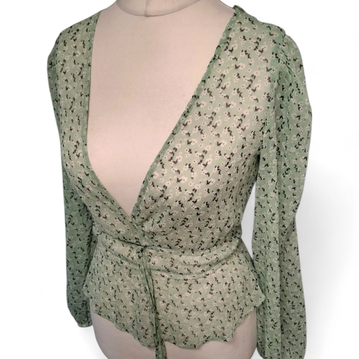 Stradivarius Mint Green Floral Blouse – Sheer, Flowy & Fab  (Size S, fits size 8/10)