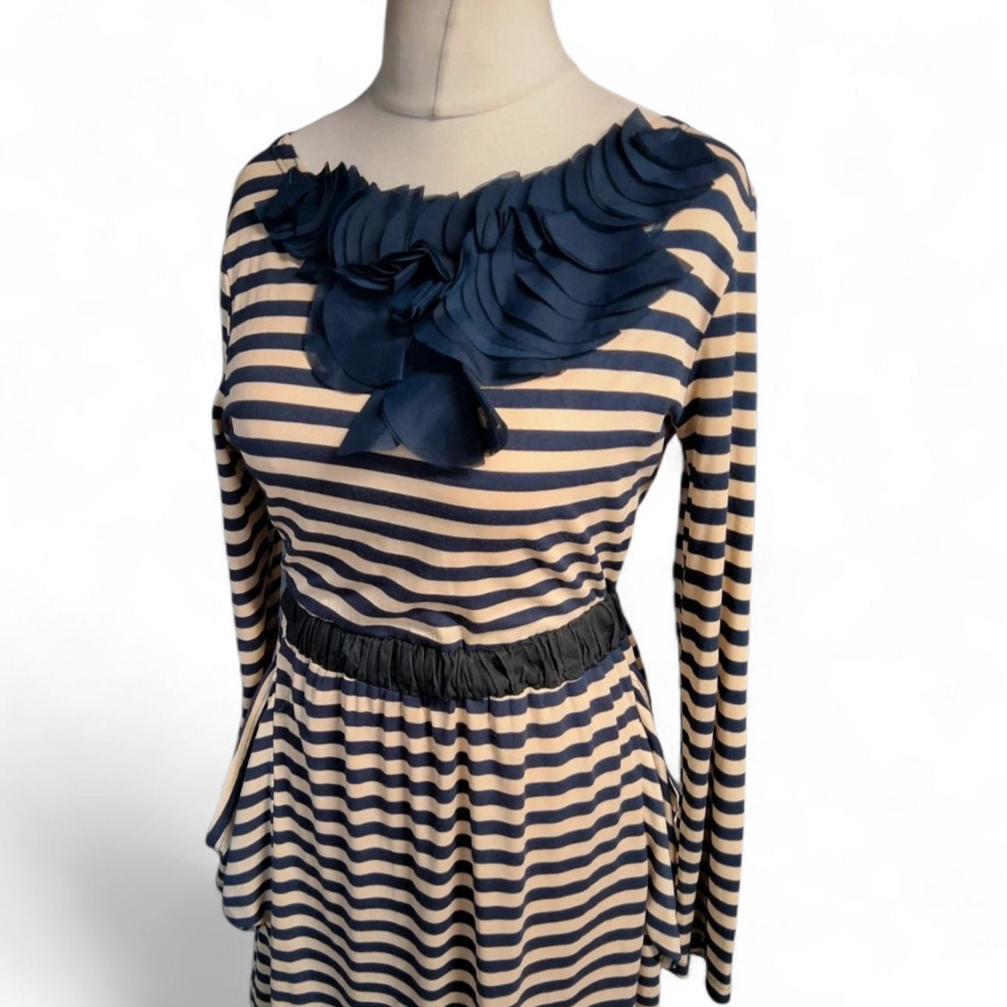 Max C Navy & Cream Striped Long Sleeve Dress – Size 12 – Pockets & Elastic Waist