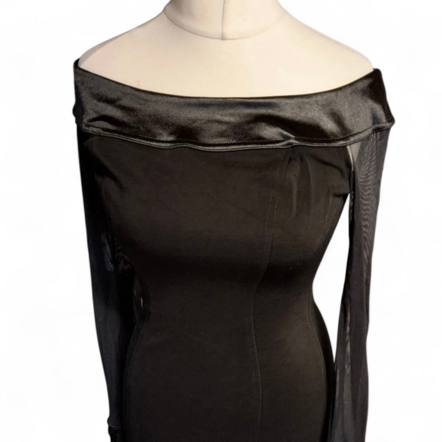 Tadaski Vintage 80s Black Off-Shoulder Maxi Dress – Sheer Sleeves