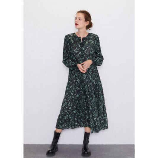 Zara Black & Green Floral Midi Dress – Long Sleeve – Size S (UK size 10/12)