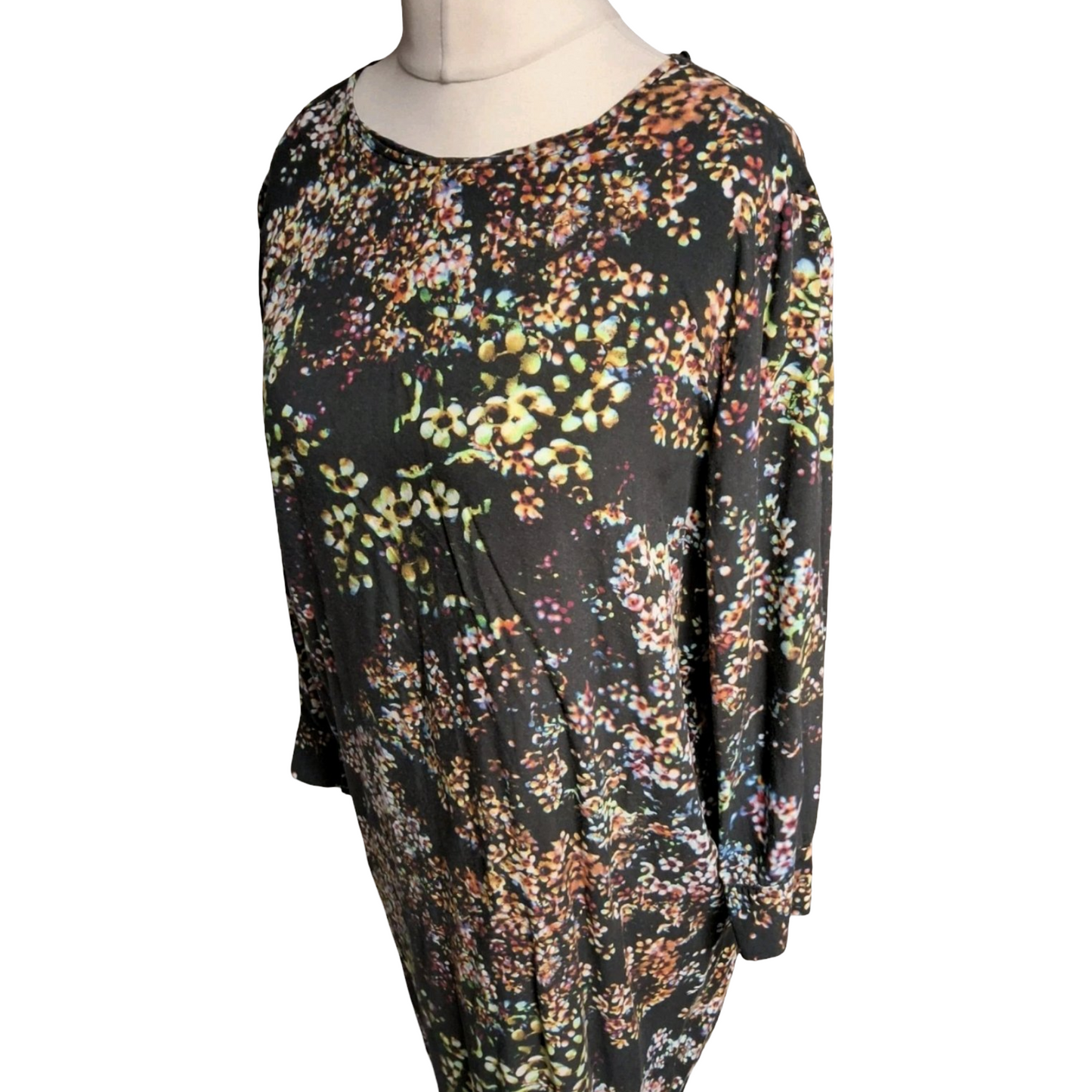 & Other Stories Floral Mini Dress – Size 10 – ¾ Sleeves – Keyhole Back – Black with Colourful Print