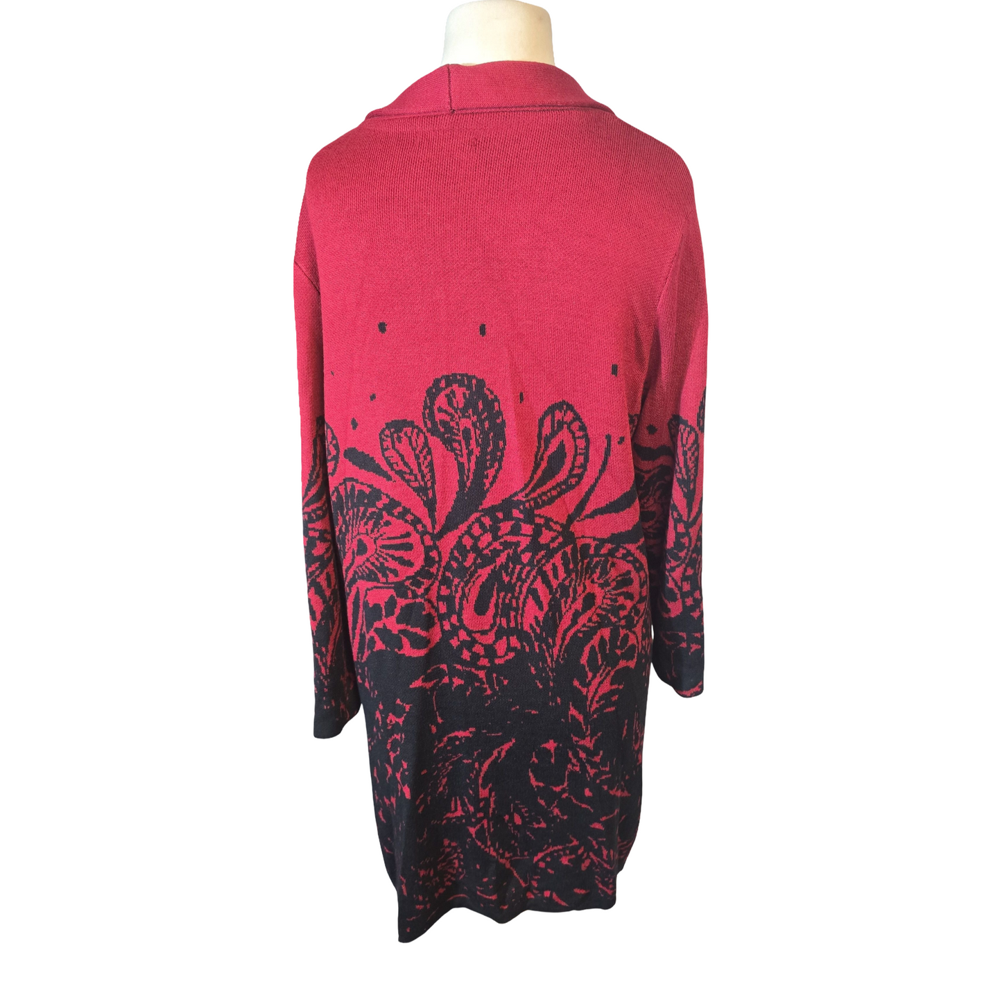 Damart Red & Black Floral Midi Open Cardigan – Size 18/20 Pockets