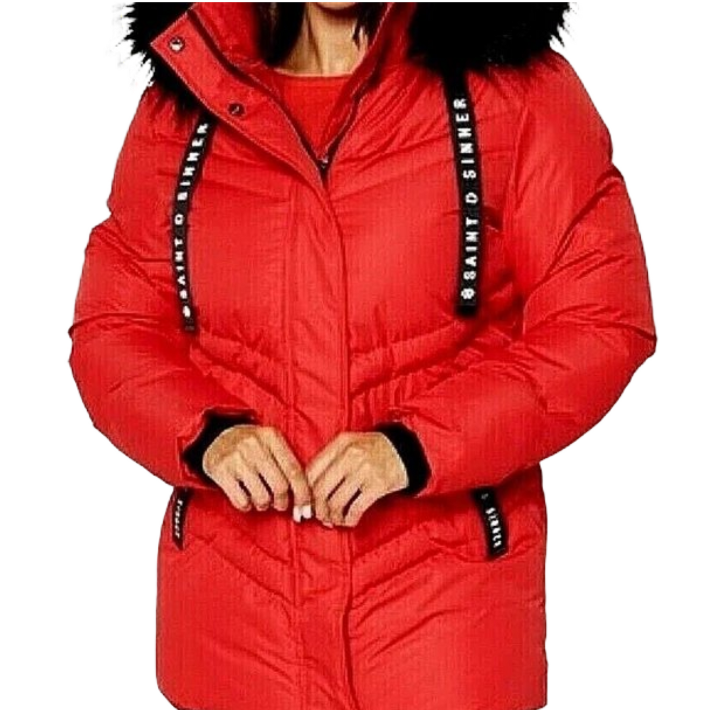 Saint & Sinner Red Puffer Midi Coat – Faux Fur Hood – Size 20