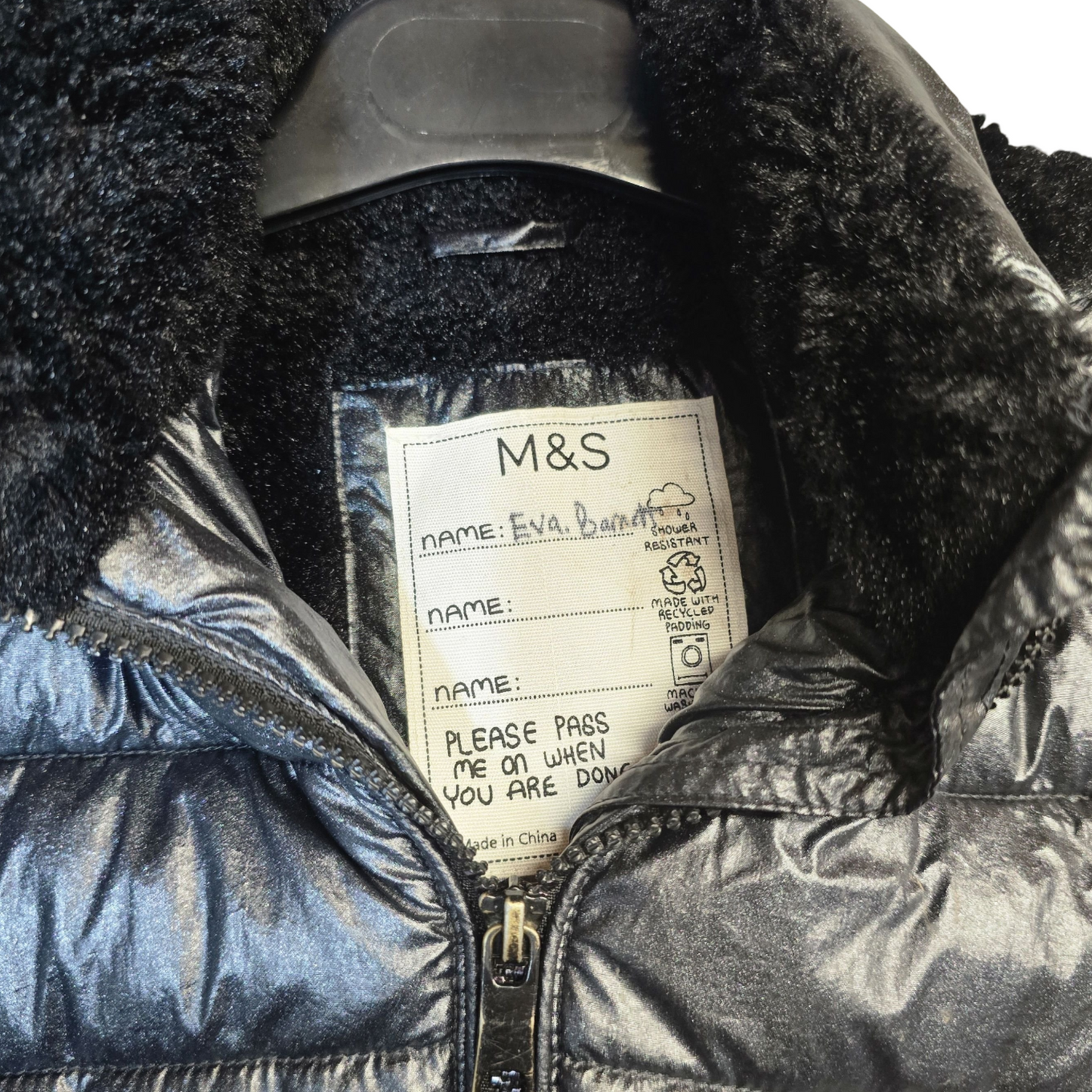 M&S Black Metallic Puffer Jacket – Fleeced Hood & Collar, Size 3–4 Years Girls