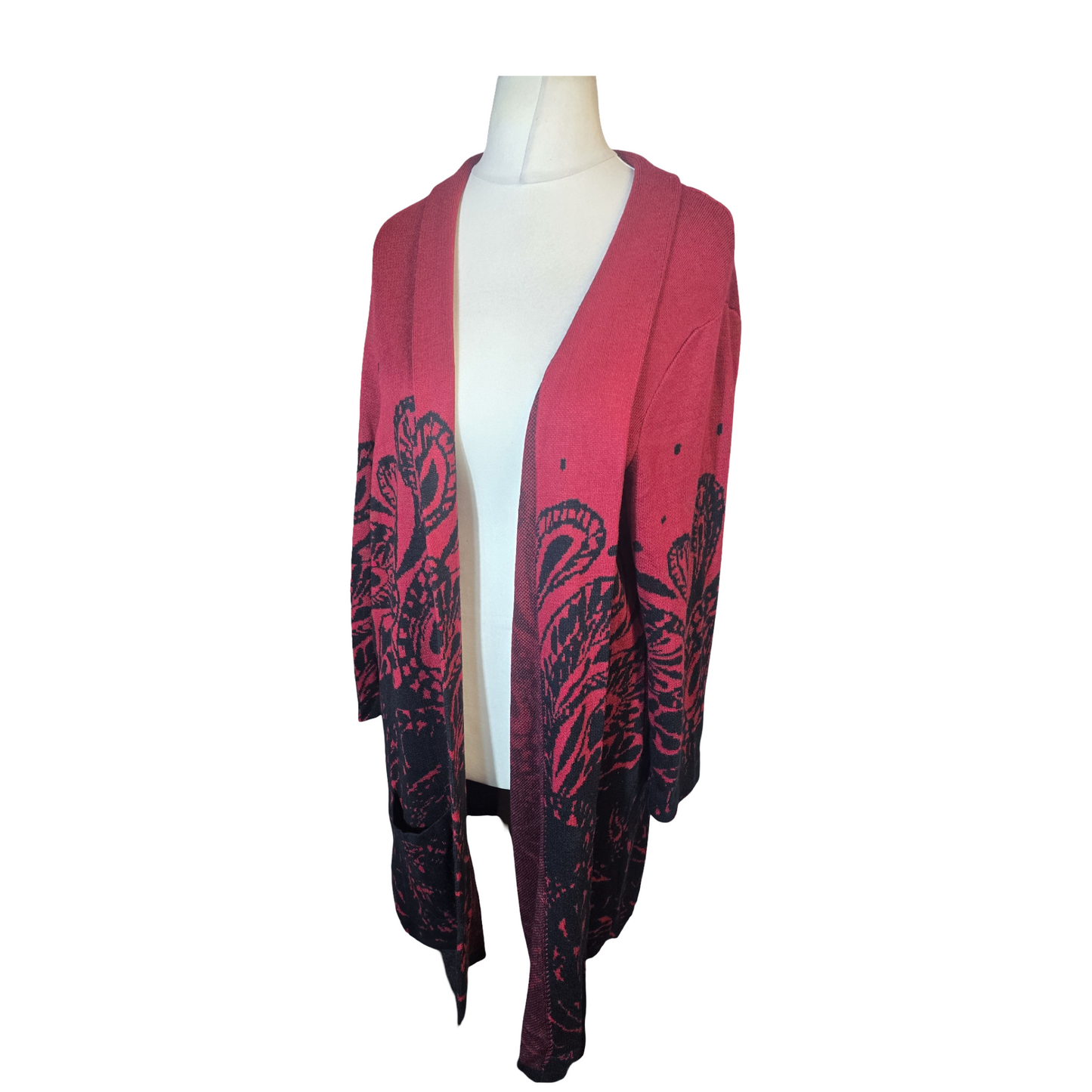Damart Red & Black Floral Midi Open Cardigan – Size 18/20 Pockets