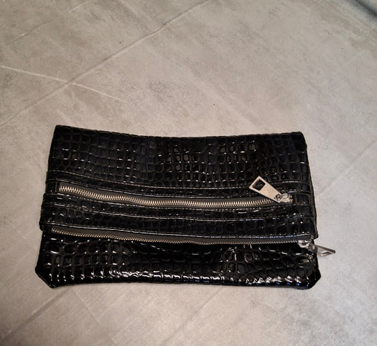 Primark Black Croc Faux Leather Fold-Over Clutch Bag – Zip & Popper Fastening
