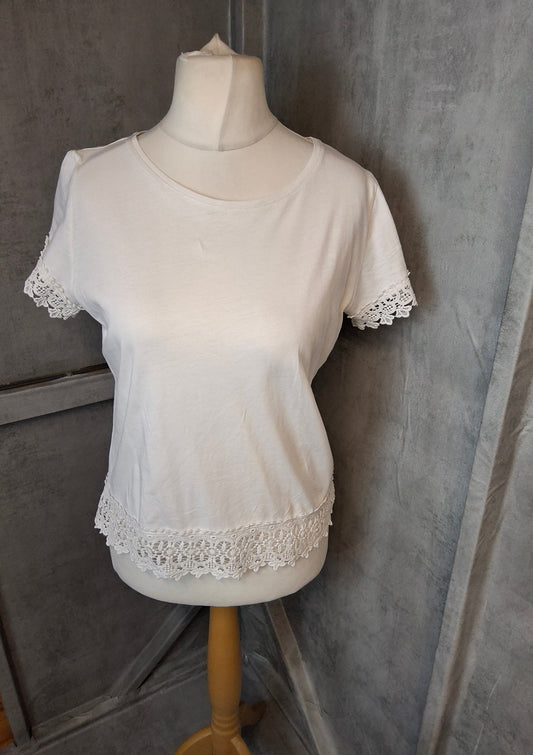 Dorothy Perkins White Cotton Lace Trim T-Shirt | Size 12 | Short Sleeve Feminine Top