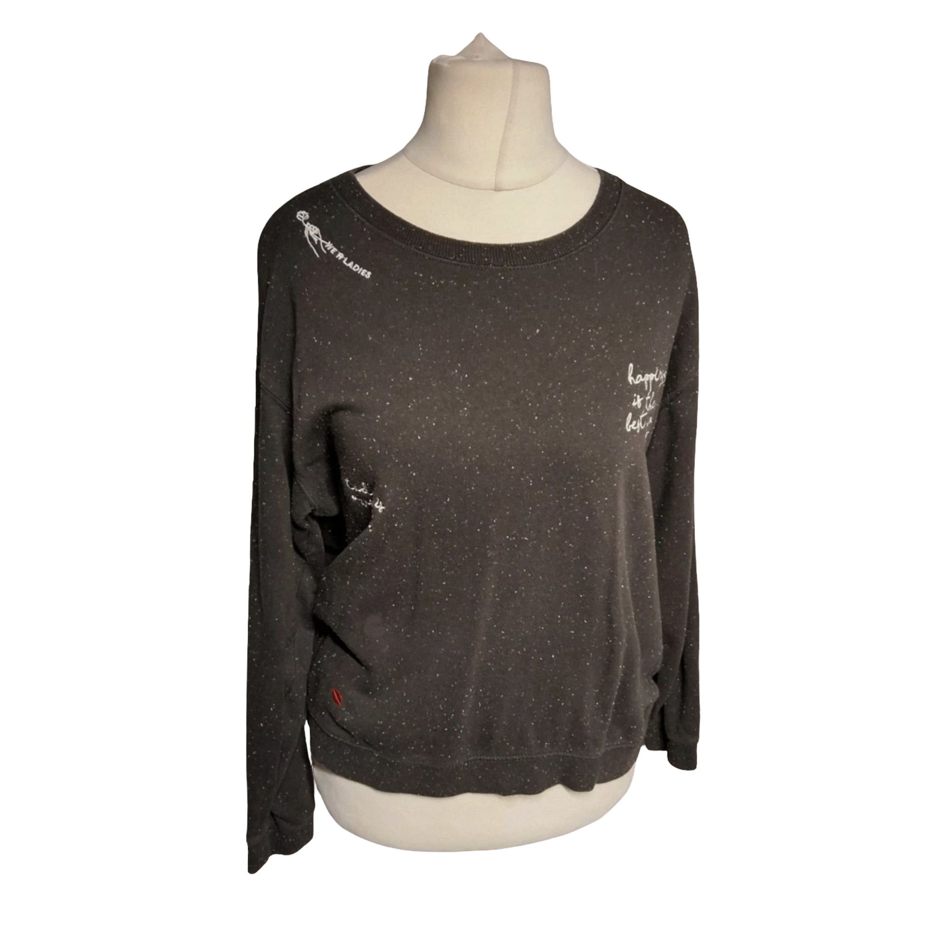 H&M Grey Speckled Slogan Sweatshirt – Size M (UK size 10–12) – “Happiness” Jumper
