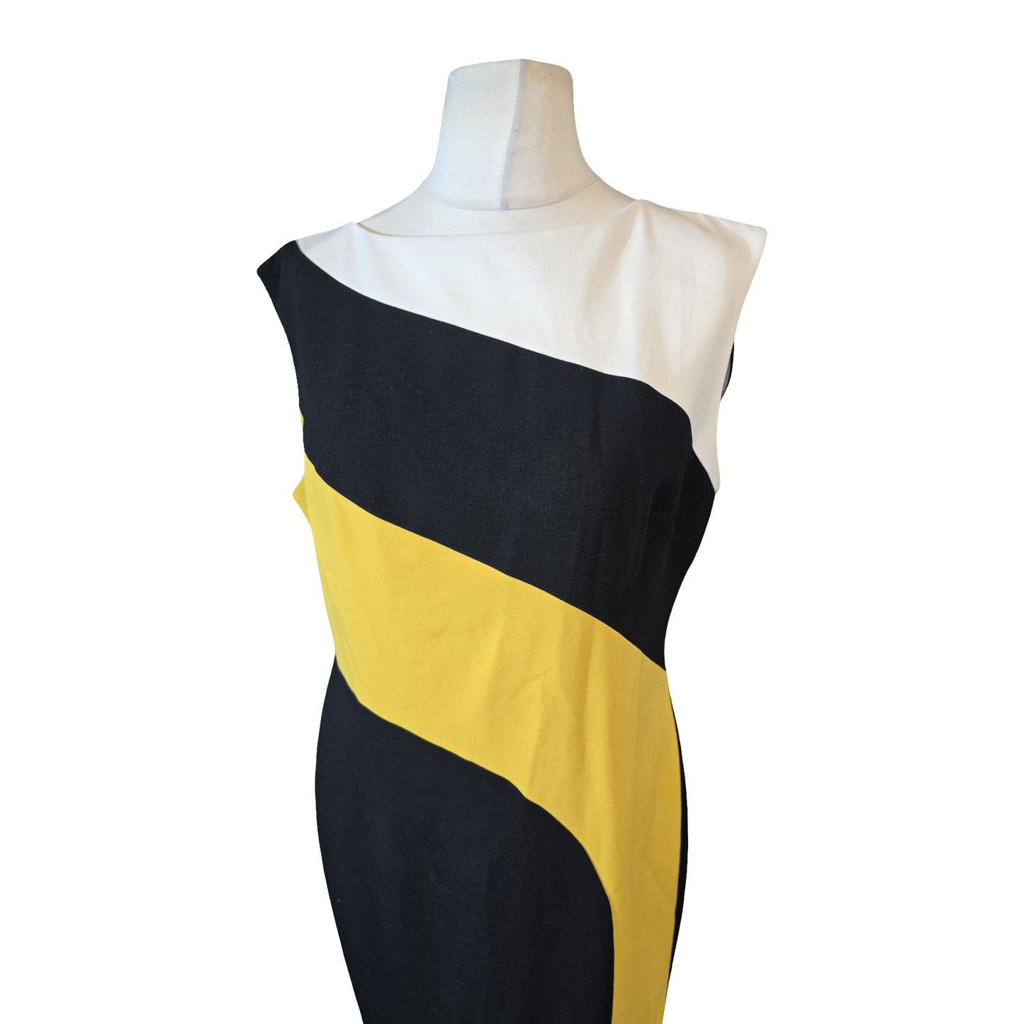 Marks & Spencer Black Yellow White Colour Block Midi Shift Dress – Size 14R