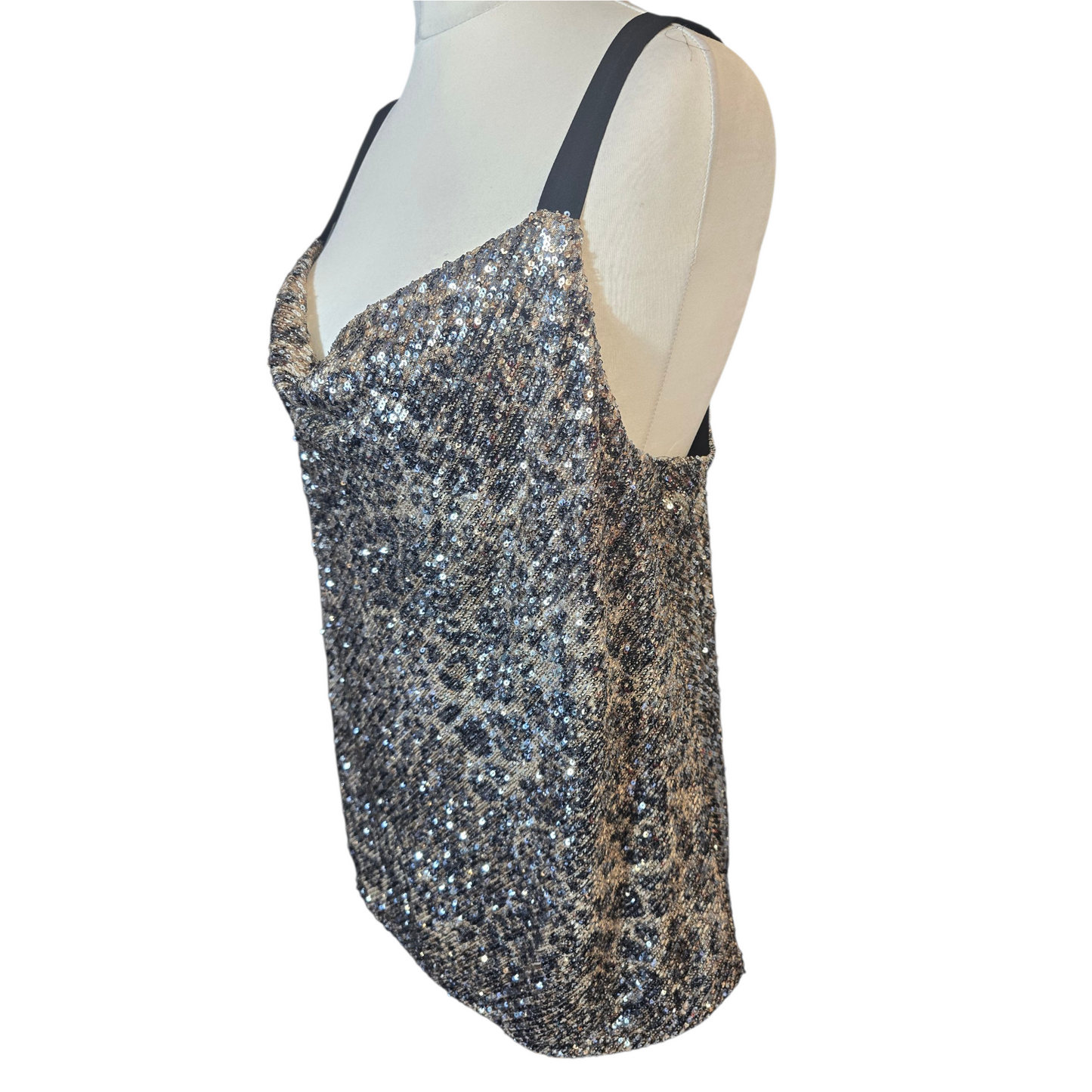 M&Co Boutique Animal Print Sequin Top – Size 18 – Beige/Brown Cowl Neck Party Camisole