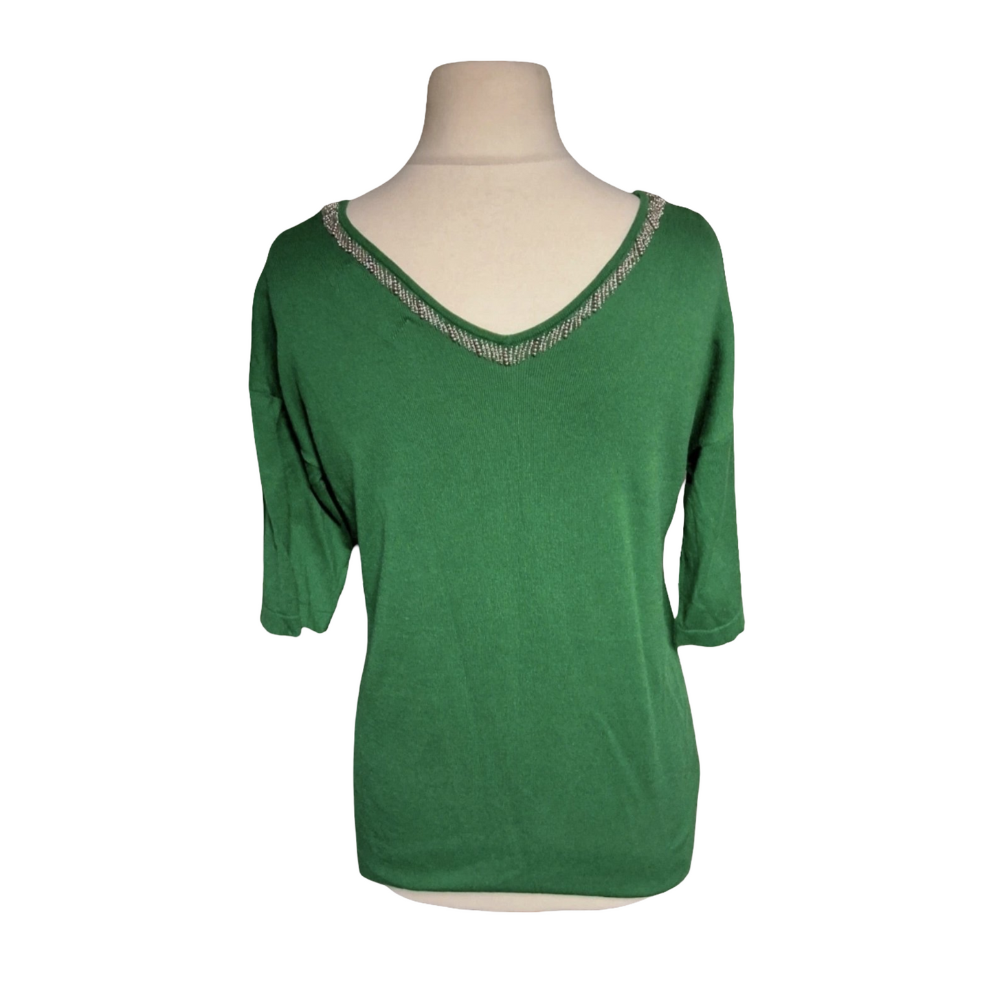 Next Green Embellished V-Neck ¾ Sleeve Top – Size 6 (Best for uk size 8)