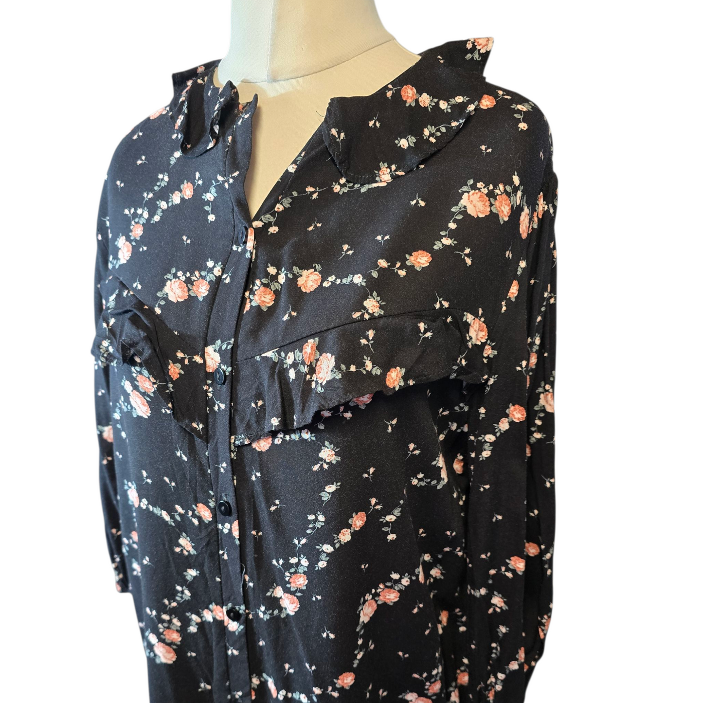 Primark Black Floral Frill Collar Dress – Size 10 – 3/4 Sleeve Viscose
