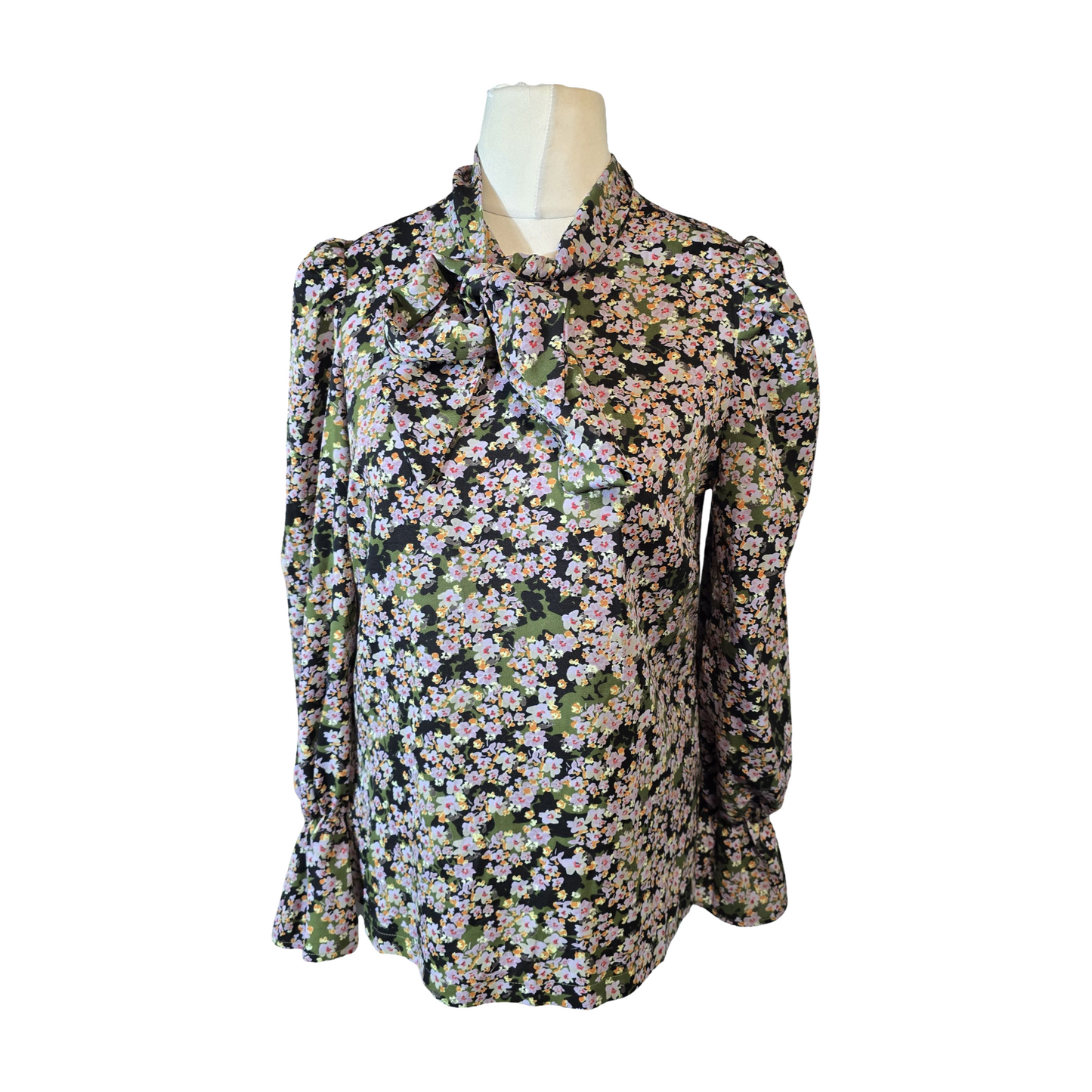 Never Fully Dressed Multicoloured Floral Blouse – Tie Neck & Frilly Cuffs – Size 12