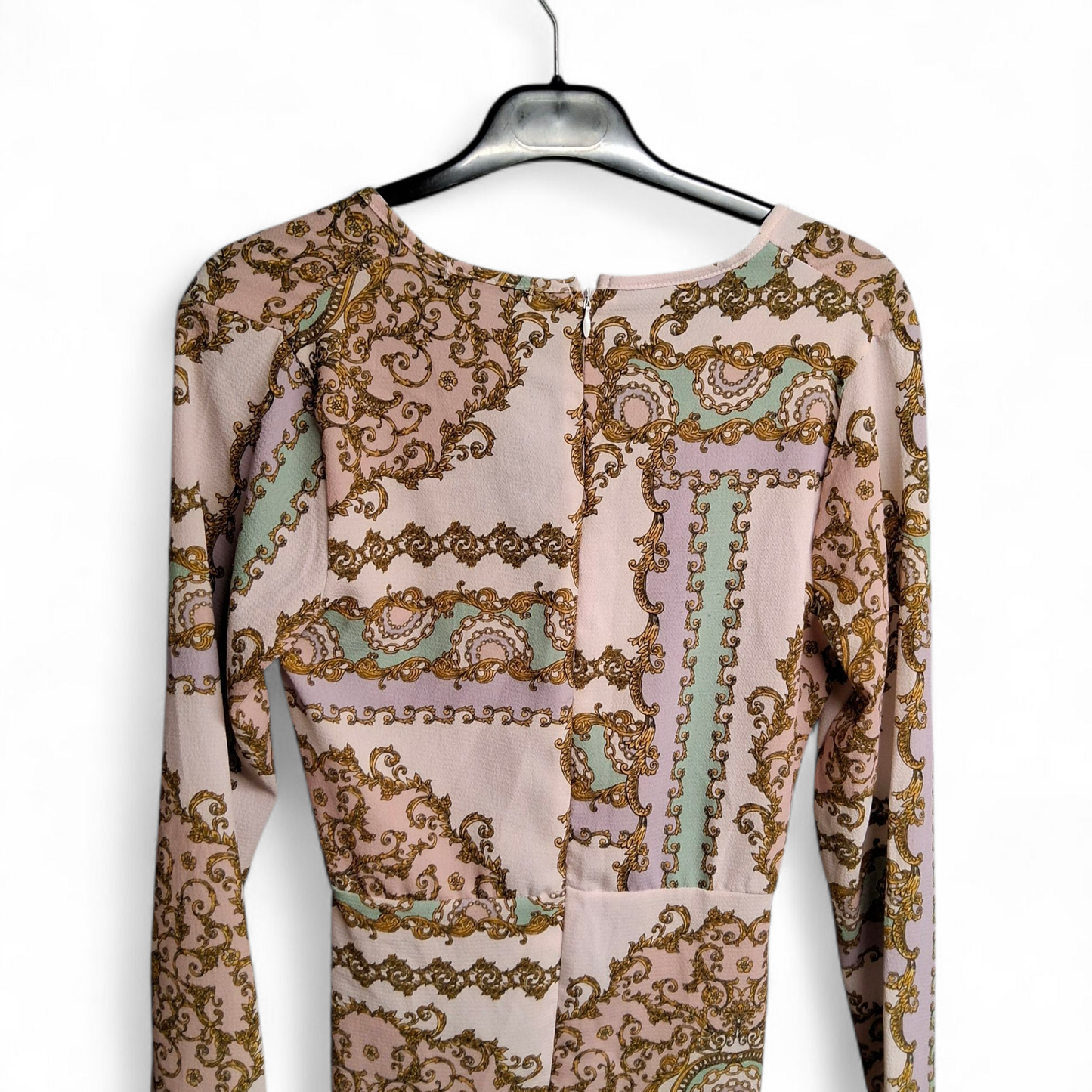 Boohoo Petite Light Pink Patterned Mini Dress | Knot Wrap Front | Long Sleeves | V-Neck | Size 8