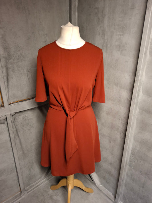 Primark Burnt Orange Knot Front Dress – Size 8 – Flared Knee Length
