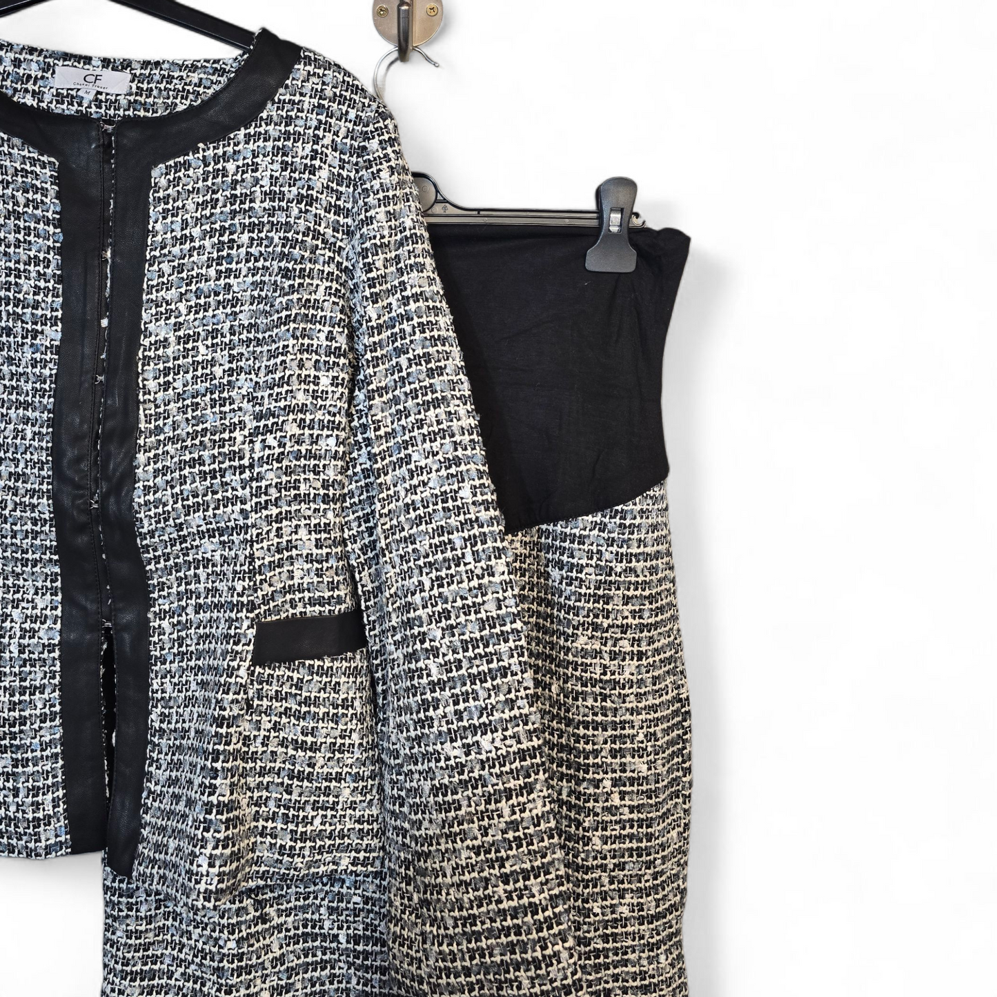 Chenai Frazer Maternity Skirt Suit – Black, Grey & White Knit – Faux Leather Trim – Size M (UK size 10/12)