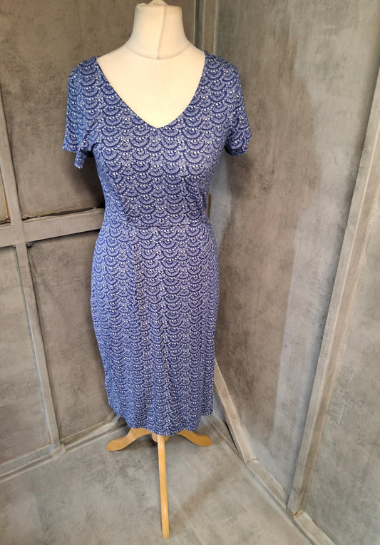 Laura Ashley Blue Patterned Midi Dress Size 8 – V Neck, Short Sleeves, Viscose Blend