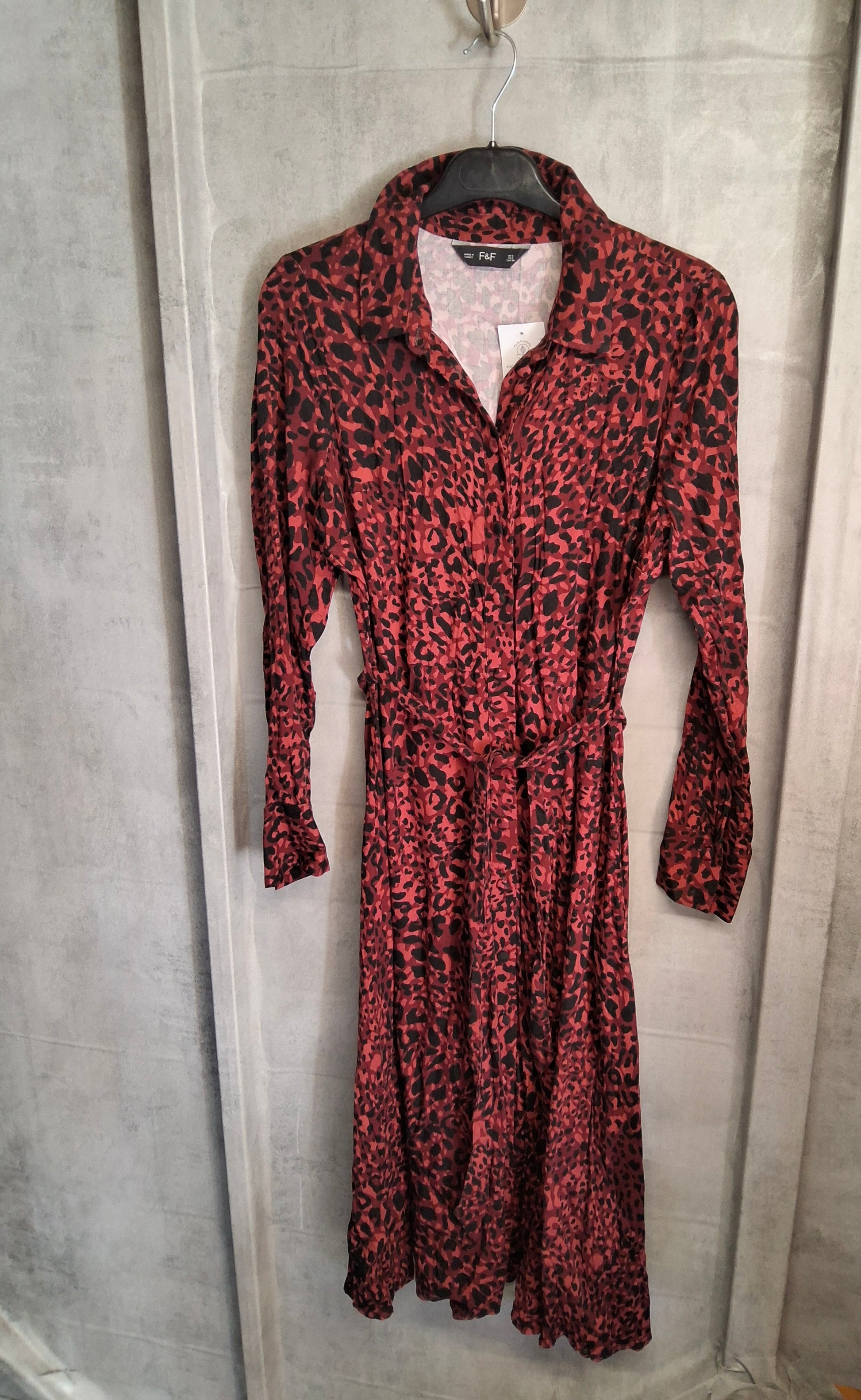F&F Red & Black Animal Print Midi Shirt Dress – UK 6 – NWT
