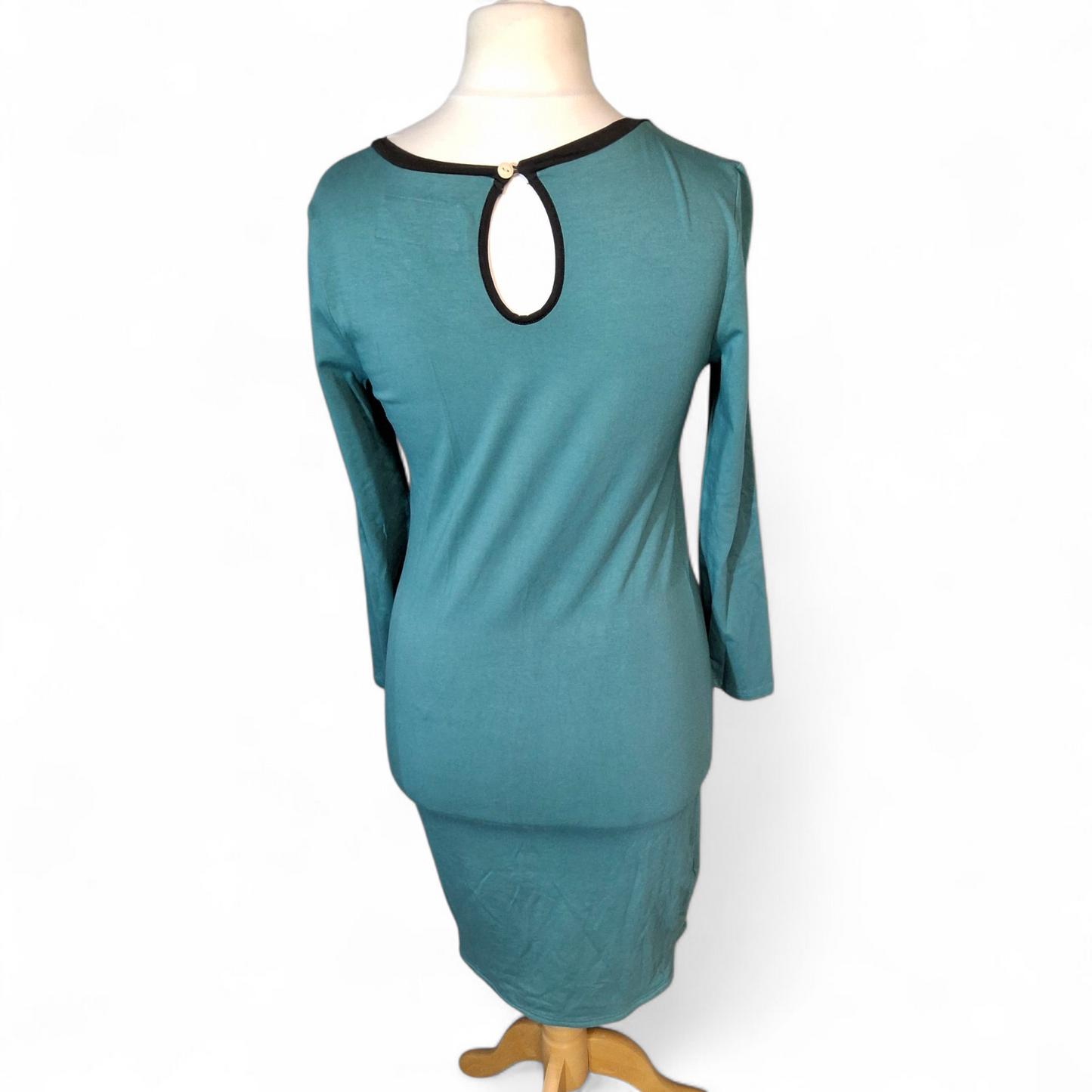 Quba & Co Teal Green & Black Bodycon Dress – 3/4 Sleeve – Cotton Modal – Knee Length – Size 1 (UK size 8/10)