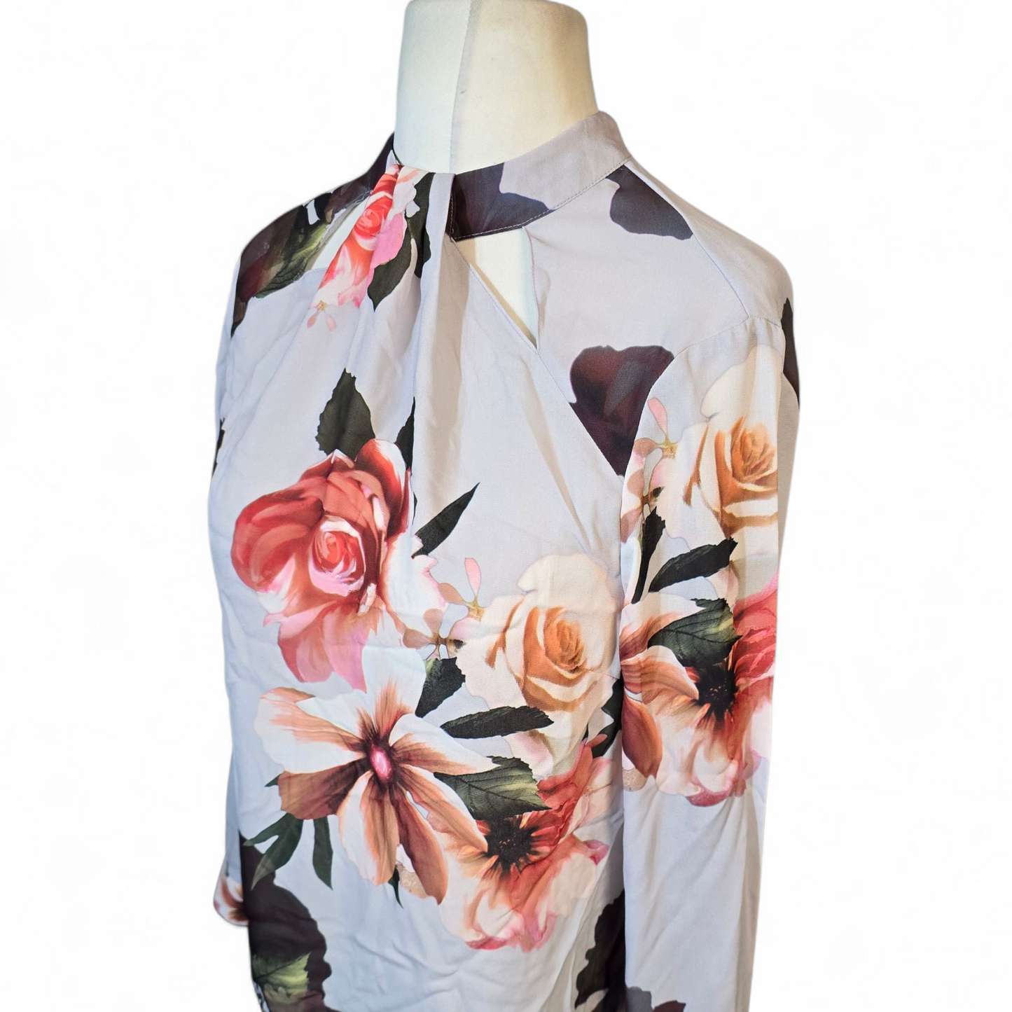 Dorothy Perkins Grey & Multicoloured Floral High Neck Sheer Blouse – Size 10