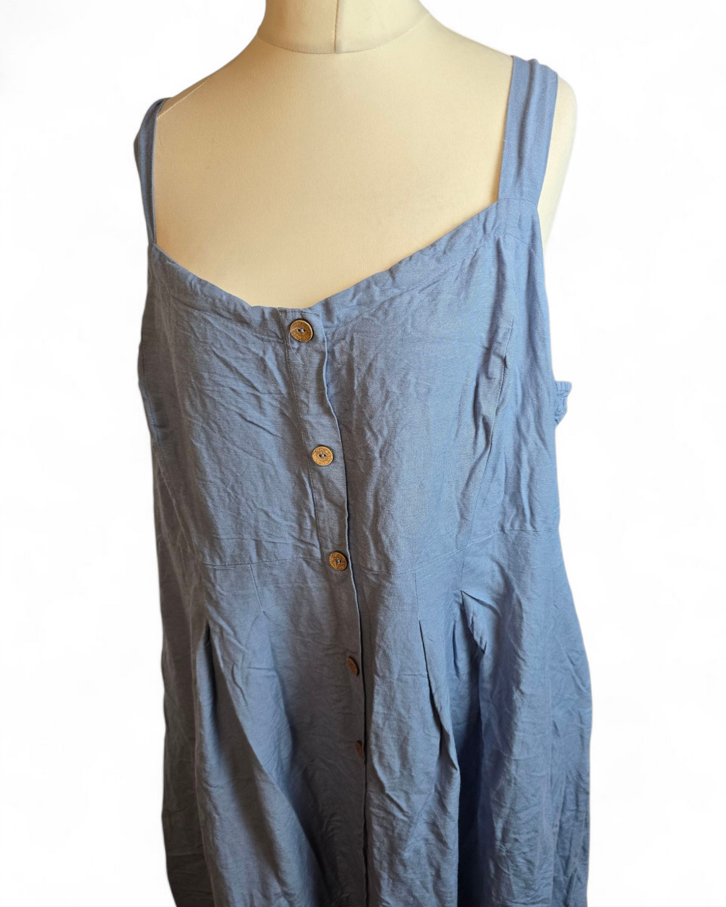 Joe Browns Denim Blue Sleeveless Dress | Wooden Buttons | Elasticated Back | Size 24 | Linen Blend | Knee Length