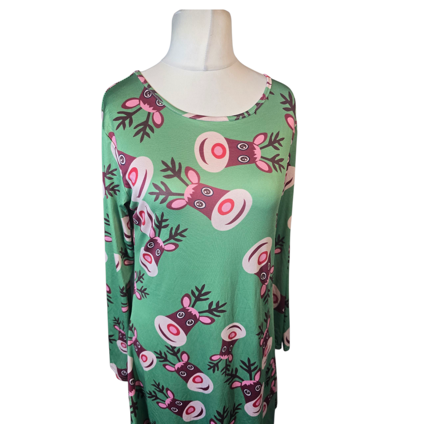 Ethan & Cocoa Green Reindeer Christmas Dress – Size L (size 14/16) – Stretchy Long Sleeve