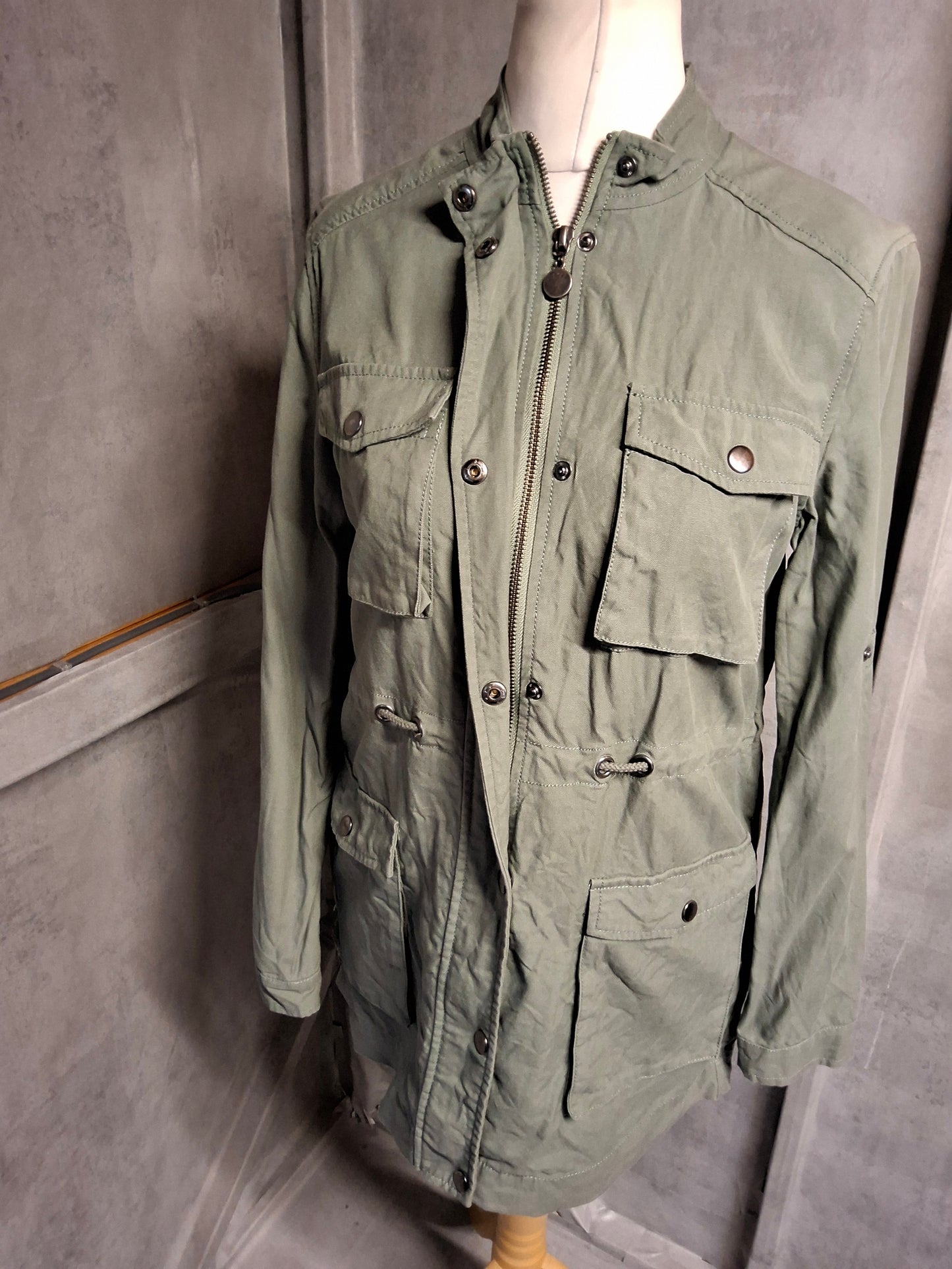 Thought Khaki Green Parka Jacket Size 10 – Lyocell/Cotton, Zip & Popper Close, Drawstring Waist