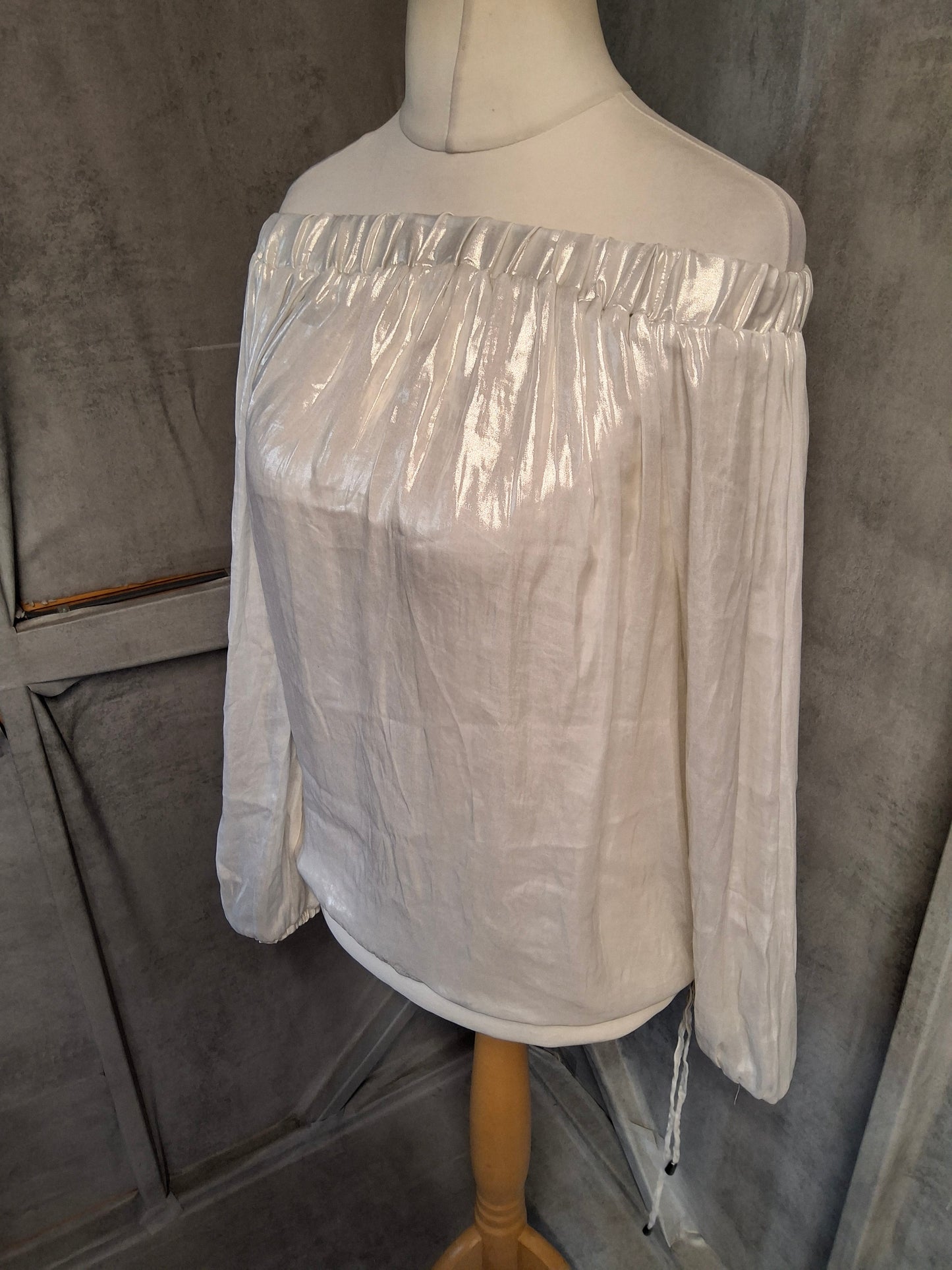 Next Cream Ivory Off-Shoulder Shiny Long Sleeve Top – Size 14