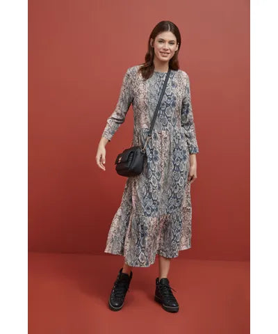 Next Beige & Blue Snakeskin Print Midi/Maxi Dress – Size 16 – 100% Viscose