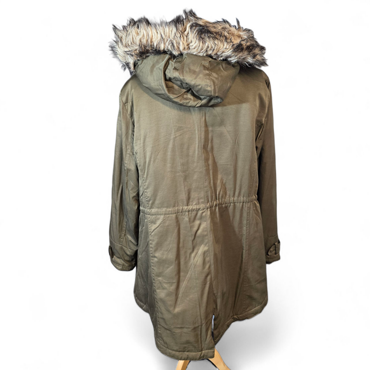 Ann Harvey “Anya” Khaki Green Coat – Size 18 – Faux Fur Hood