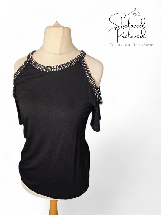 Black & Silver Gem Cold Shoulder T-Shirt – Size 14, Stretch Fit